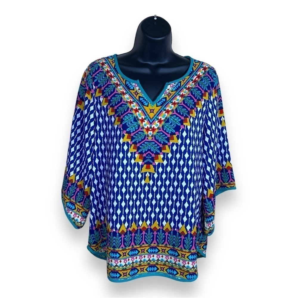 MEDIUM PINK OWL COLORFUL BOHEMIAN TUNIC TOP GEOMETRIC BLOUSE